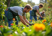 Équipe de jardiniers professionnels dans un jardin luxuriant