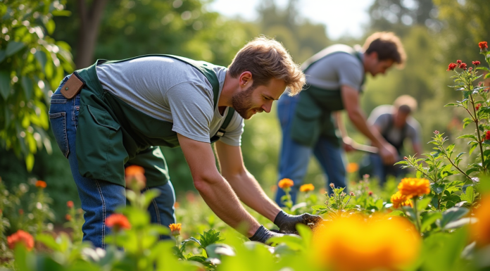 Équipe de jardiniers professionnels dans un jardin luxuriant