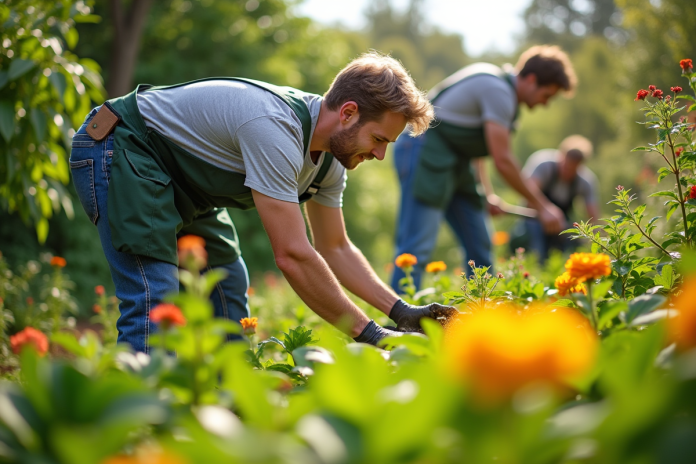 jardinageequipeprofessionnelle Équipe de jardiniers professionnels dans un jardin luxuriant