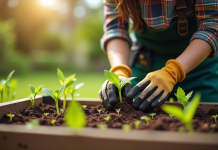 Jardinier débutant plantant des semis dans un jardin ensoleille