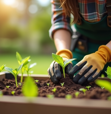 Jardinier débutant plantant des semis dans un jardin ensoleille