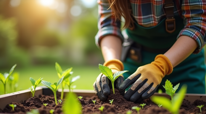 Jardinier débutant plantant des semis dans un jardin ensoleille