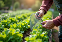 Jardinier posant un filet de protection sur des légumes en pleine croissance