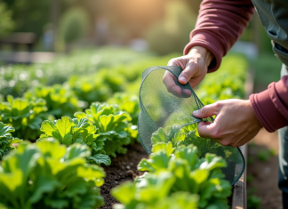 Filet pour potager : comment le poser efficacement pour protéger vos cultures ? Jardinier posant un filet de protection sur des légumes en pleine croissance