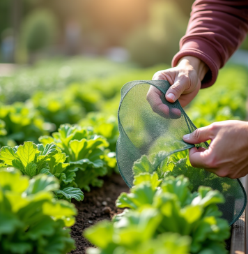 Jardinier posant un filet de protection sur des légumes en pleine croissance