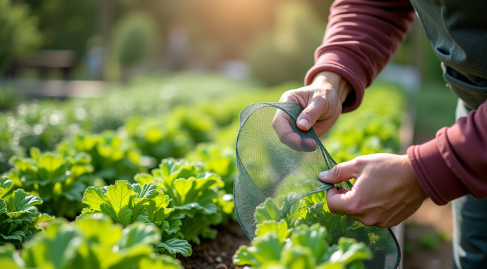 Jardinier posant un filet de protection sur des légumes en pleine croissance