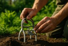 Lutter contre les taupes : méthodes traditionnelles vs innovations Jardinier posant une trappe à taupe en terre fraîche dans un jardin verdoyant