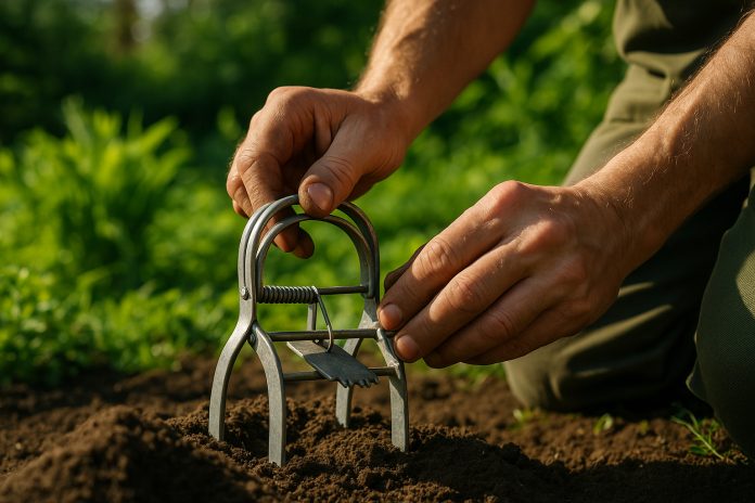 jardinier-trappe-mole-traditionnelle Jardinier posant une trappe à taupe en terre fraîche dans un jardin verdoyant