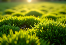 Gros plan d'une pelouse verte avec mousse dense entre les brins d'herbe