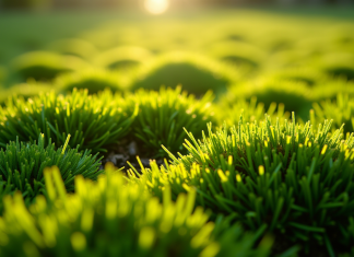 Gros plan d'une pelouse verte avec mousse dense entre les brins d'herbe