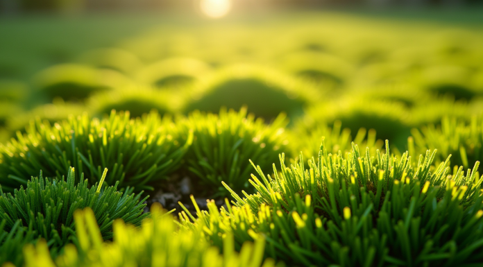 Gros plan d'une pelouse verte avec mousse dense entre les brins d'herbe