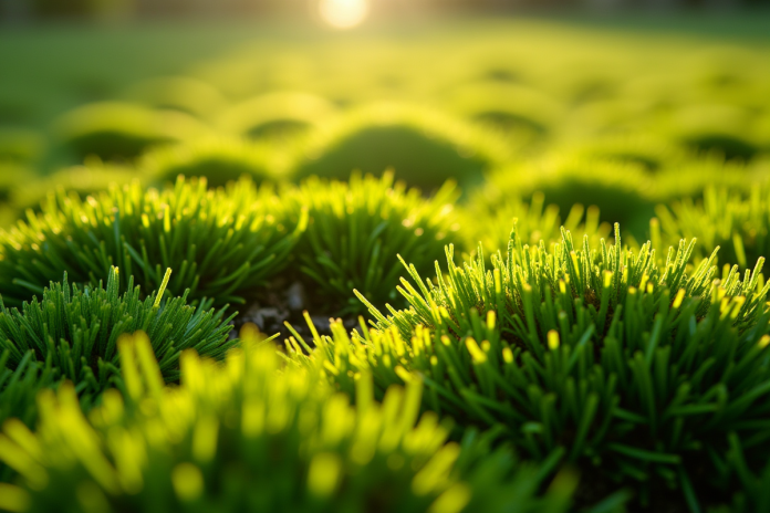 mousse-verde-jardin Gros plan d'une pelouse verte avec mousse dense entre les brins d'herbe