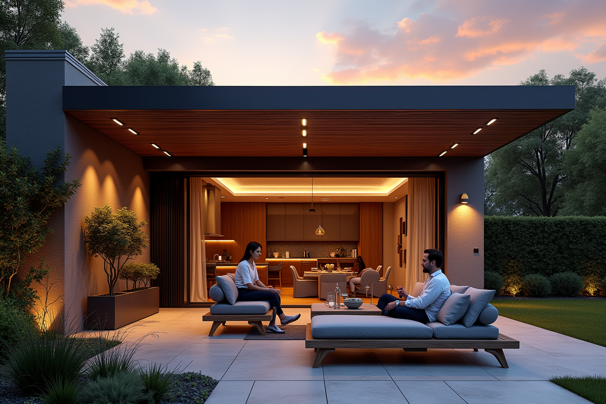 Pergola bioclimatique dans patio au coucher du soleil