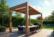 Pergola bioclimatique moderne sur terrasse ensoleillee