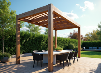 Pergola bioclimatique moderne sur terrasse ensoleillee