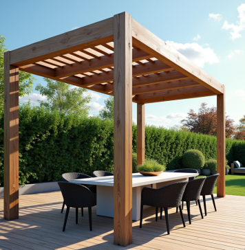 Pergola bioclimatique moderne sur terrasse ensoleillee