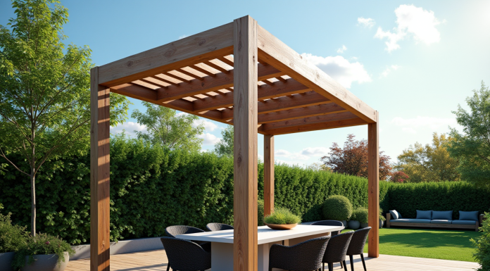 Pergola bioclimatique moderne sur terrasse ensoleillee