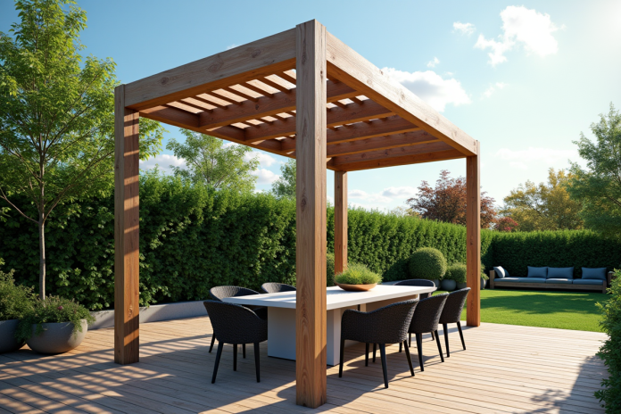 Pergola bioclimatique moderne sur terrasse ensoleillee