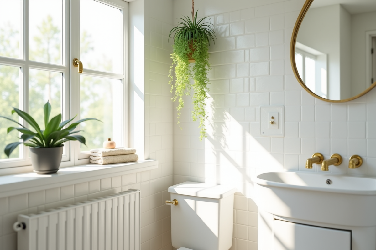 Petite salle de bain minimaliste avec plantes et miroir rond