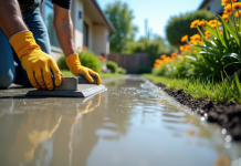 Poseur de béton lissant une allée dans un jardin ensoleille