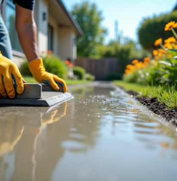 Poseur de béton lissant une allée dans un jardin ensoleille
