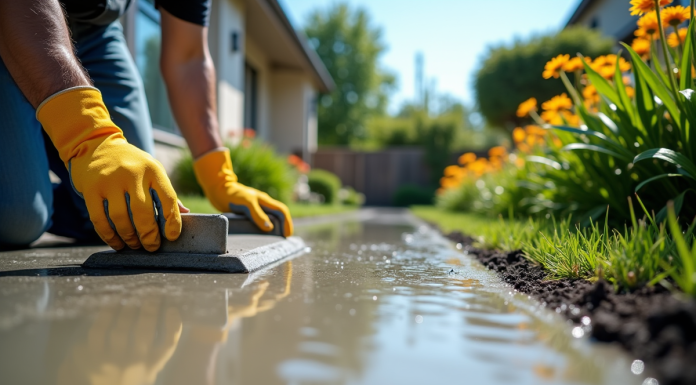 Poseur de béton lissant une allée dans un jardin ensoleille