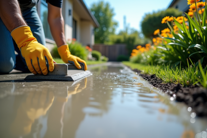 poseur-beton-jardin Poseur de béton lissant une allée dans un jardin ensoleille