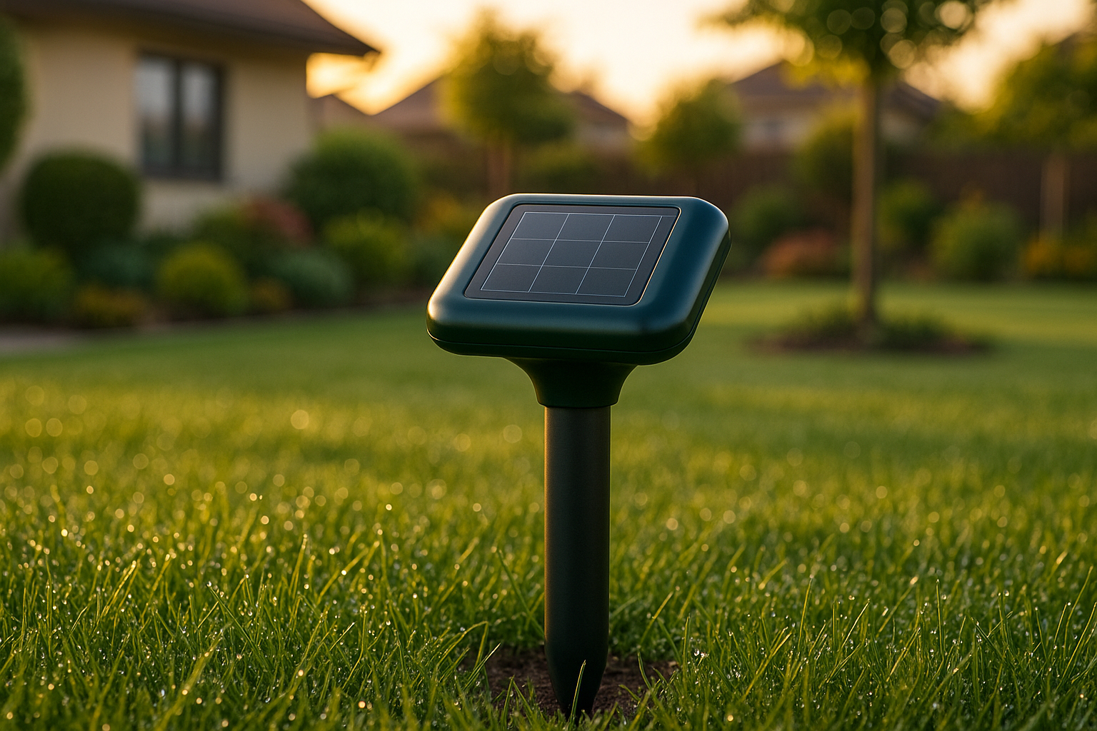 Dispositif sonic solaire dans un jardin moderne au lever du soleil