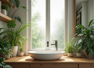 Salle de bain moderne avec plantes vertes et lumière naturelle