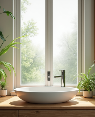 Salle de bain moderne avec plantes vertes et lumière naturelle