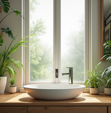 Salle de bain moderne avec plantes vertes et lumière naturelle