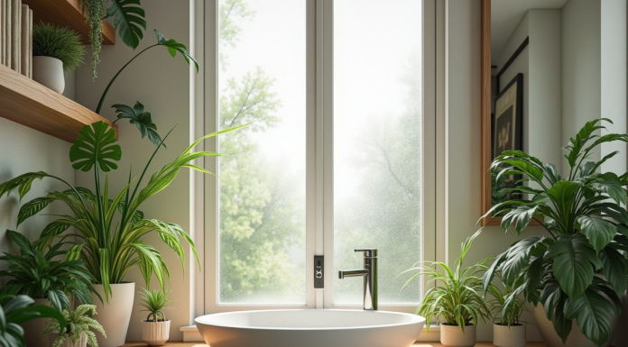 Salle de bain moderne avec plantes vertes et lumière naturelle