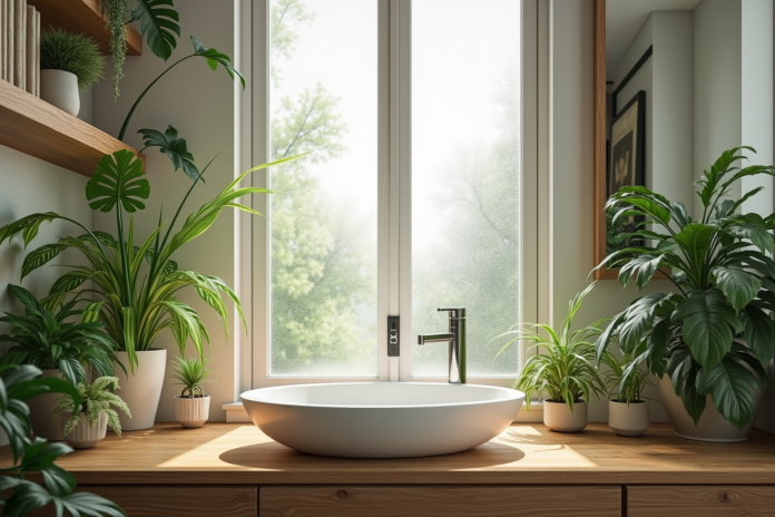 Salle de bain moderne avec plantes vertes et lumière naturelle