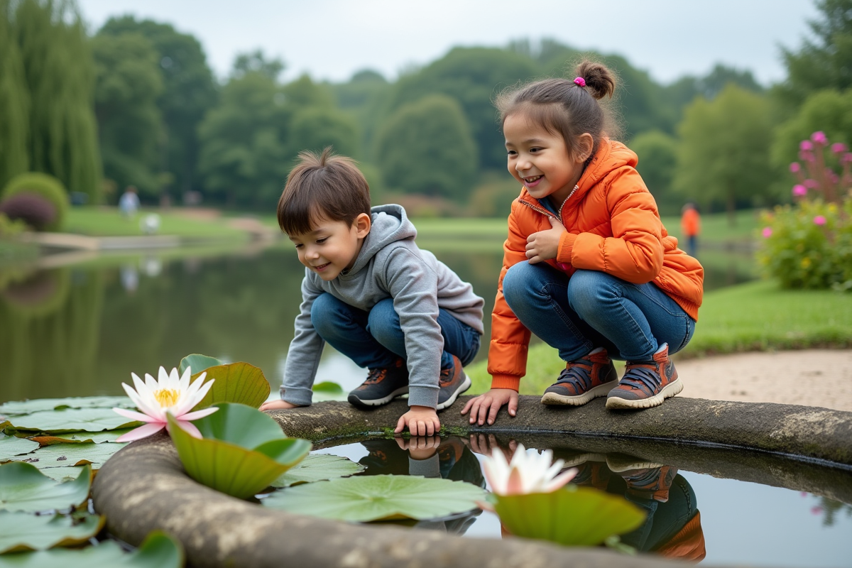 Enfants regardant des nénuphars dans un étang au parc botanique