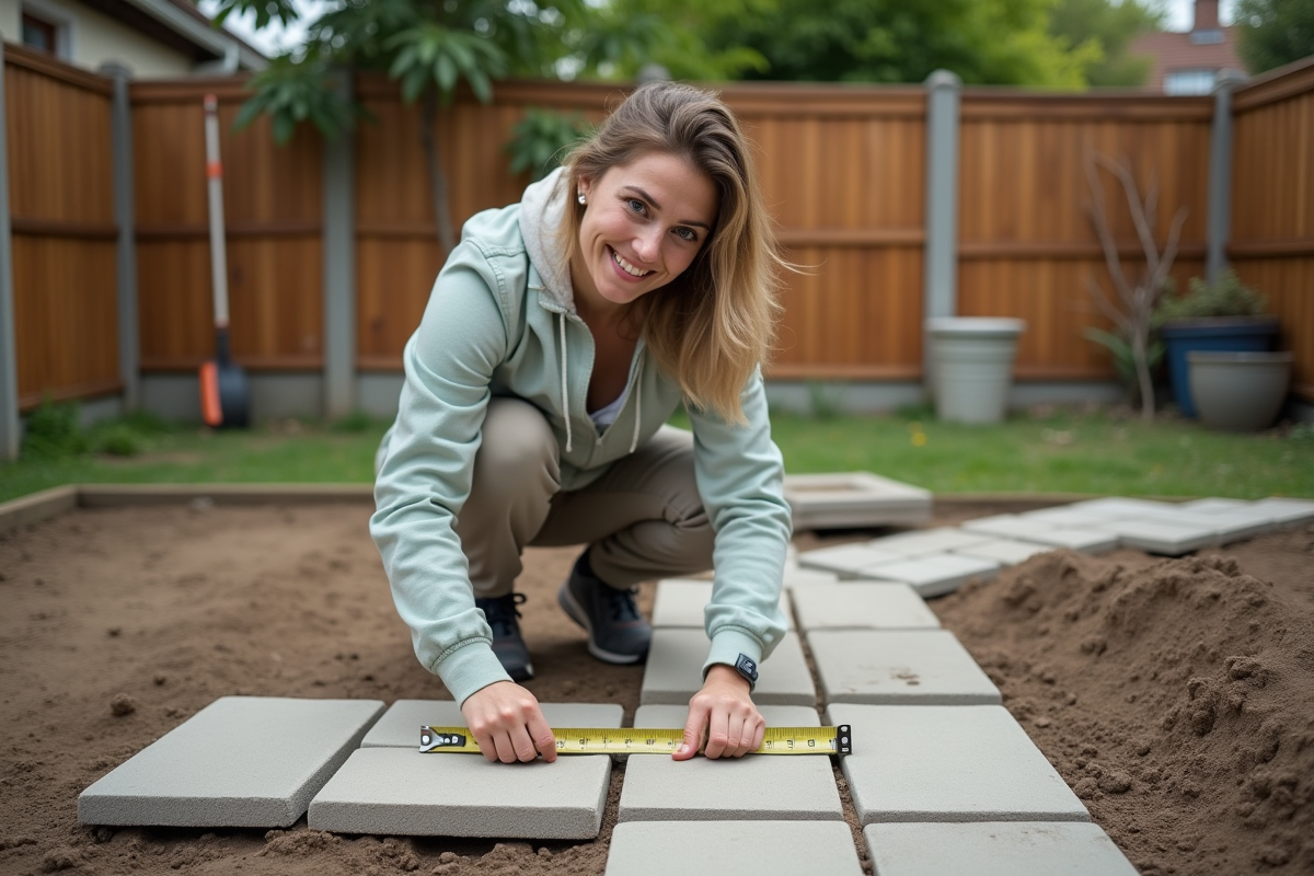 Jeune femme alignant des pavés dans un jardin en construction