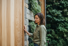 Femme examinant un bois écologique dans une façade durable