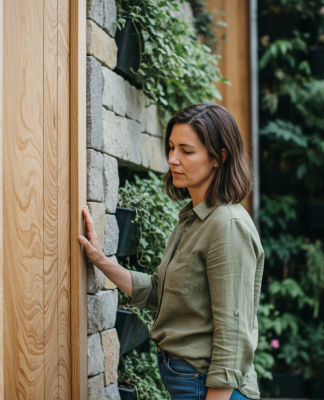 Femme examinant un bois écologique dans une façade durable