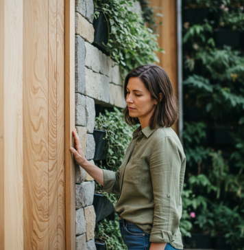 Femme examinant un bois écologique dans une façade durable