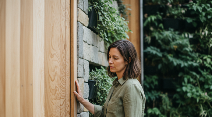 Femme examinant un bois écologique dans une façade durable