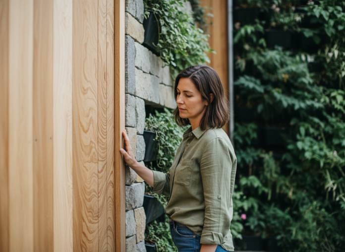 femme-examen-bois-ecologique Femme examinant un bois écologique dans une façade durable