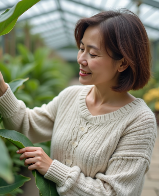 Femme curieuse touchant une plante exotique dans un jardin