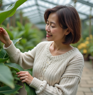 Femme curieuse touchant une plante exotique dans un jardin