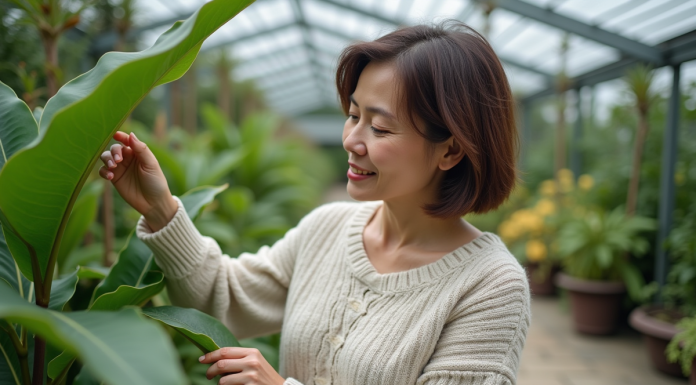 Femme curieuse touchant une plante exotique dans un jardin