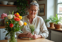Fleurs coupées : réussir facilement leur culture et leur entretien Femme arrangeant des fleurs fraîches dans un vase en cuisine