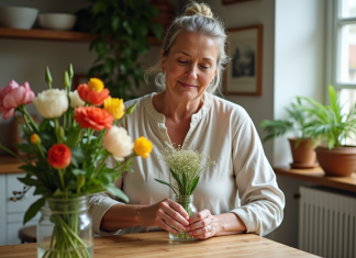 Fleurs coupées : réussir facilement leur culture et leur entretien Femme arrangeant des fleurs fraîches dans un vase en cuisine
