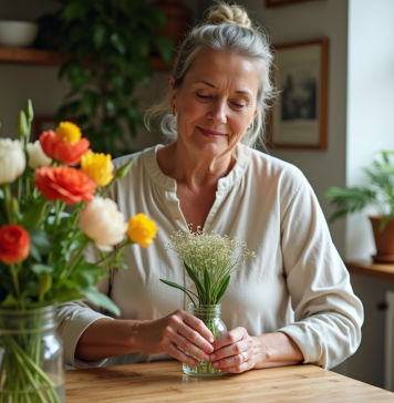 Femme arrangeant des fleurs fraîches dans un vase en cuisine