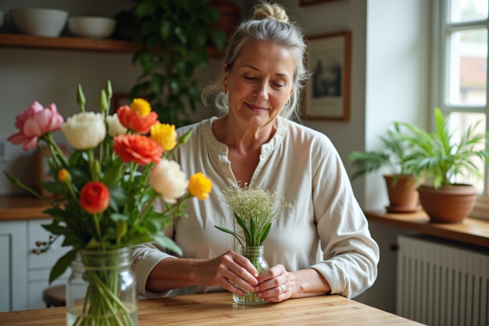 femme-fleurs-jardin-cuisine Femme arrangeant des fleurs fraîches dans un vase en cuisine