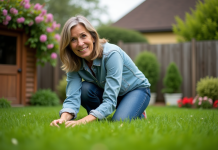 Femme d'âge moyen dans le jardin, touchant l'herbe verte