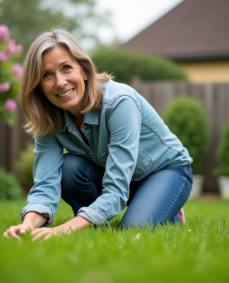 Femme d'âge moyen dans le jardin, touchant l'herbe verte