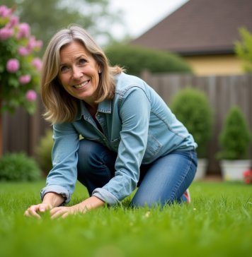 Femme d'âge moyen dans le jardin, touchant l'herbe verte